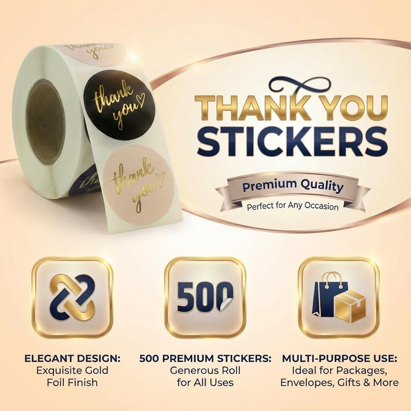 IBAKE 500 PCS Thank You Stickers Roll – 1.5 Inch Round Gold Foil Stickers with Heart Design, 4 Colors (Black, White, Pink, Navy) for Small Business Packaging, Envelopes, Gift Bags, Shipping Boxes - Image 3